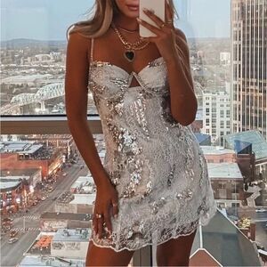 For Love And Lemons | Dresses | For Love Lemons Opalmini Silver Metallic  Dress Sequins Embroidered Size L | Poshmark